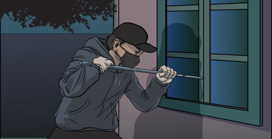 Illustration of burglar forcing entry through a window in Duluth